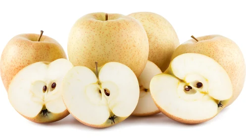 Whole and sliced Asian pears arranged on white background.