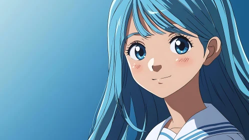 Blue haired anime girl portrait uses flat shaded rendering