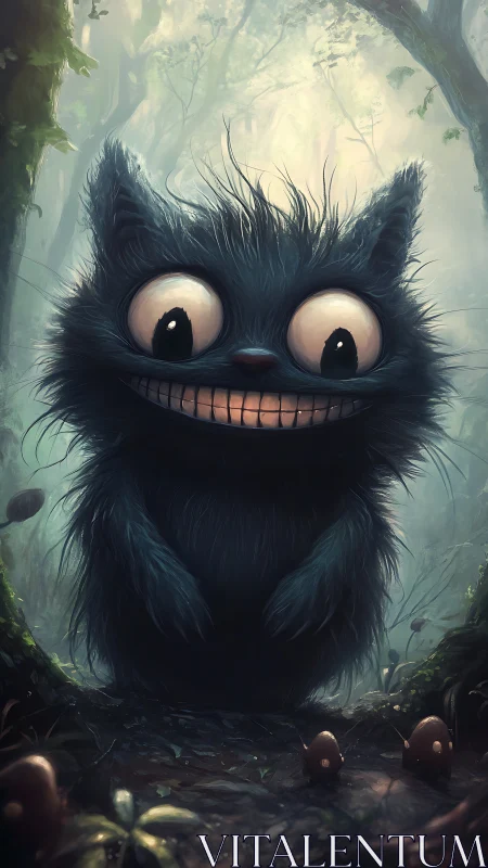 Furry wide-eyed creature standing in misty forest path.