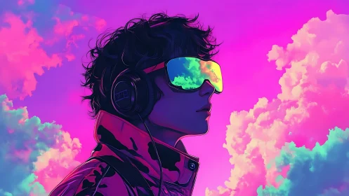 Neon cloudscape gamer in reflective visor and audio headset.