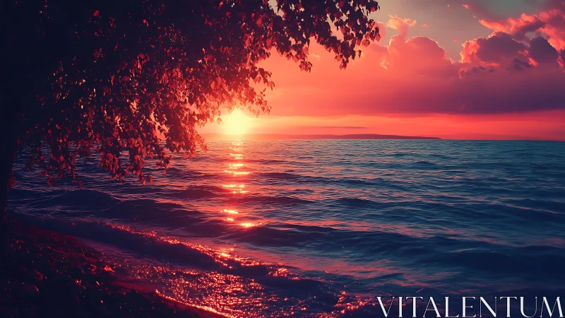 Glowing seaside sunset welcomes gentle waves and soft shade