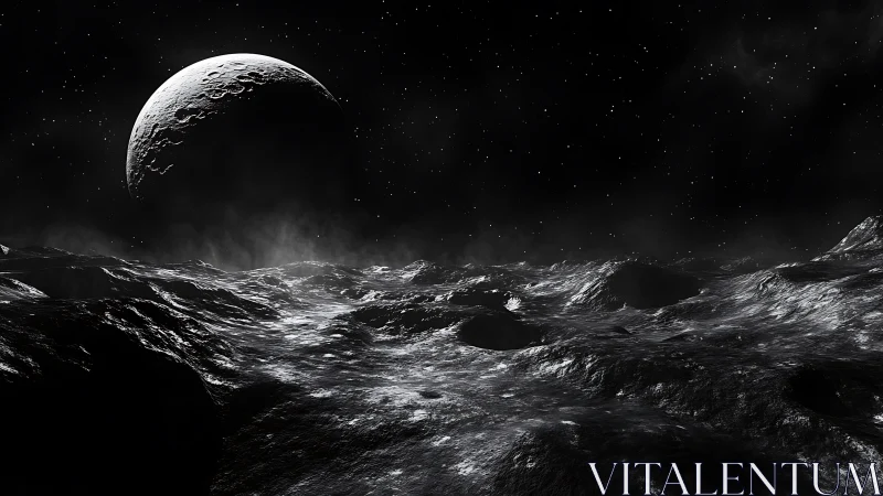 Stark lunar landscape unfolds beneath a looming crescent moon