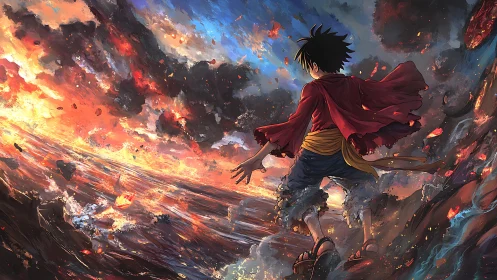 Young adventurer facing a blazing, storm lit horizon.