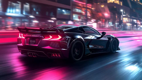 Neon-lit black supercar racing through futuristic city streets.