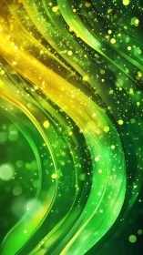 Green and yellow abstract light waves with particles.