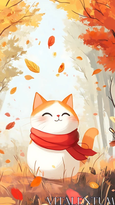 Content cat in red scarf enjoys autumn leaves falling.