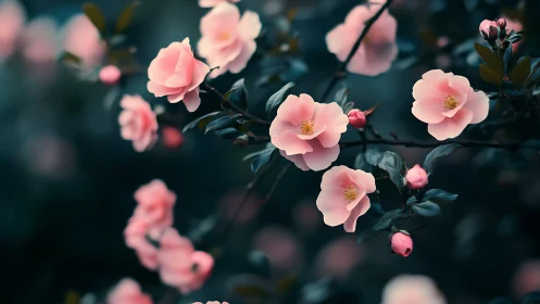 Delicate Pink Camellias Bloom Against Deep Teal Foliage