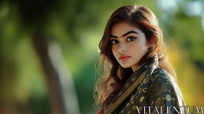 Portrait of woman in patterned shawl against blurred greenery.