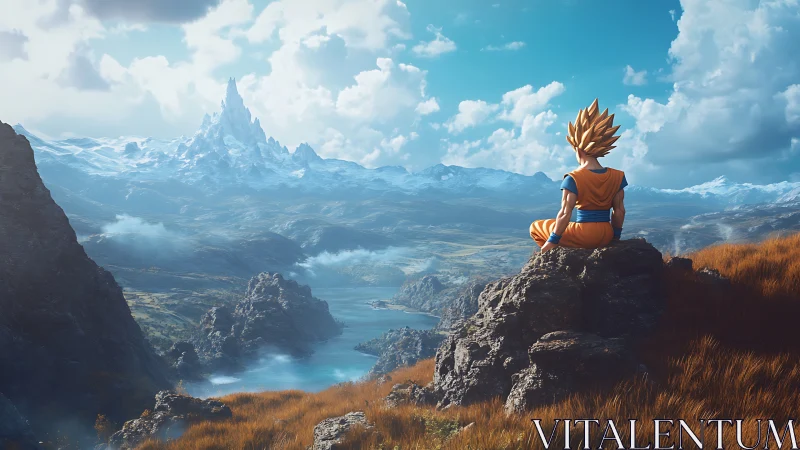 Superhero meditates above vast snowcapped fantasy valley.