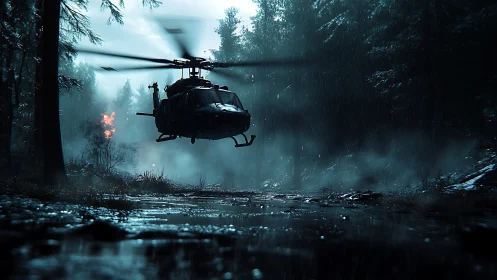 Military helicopter skims a rainy forest clearing at night.