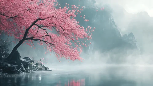 Mist-veiled lakeside cherry tree with atmospheric depth rendering