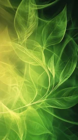 Luminous abstract green leaves over glowing gradient field.
