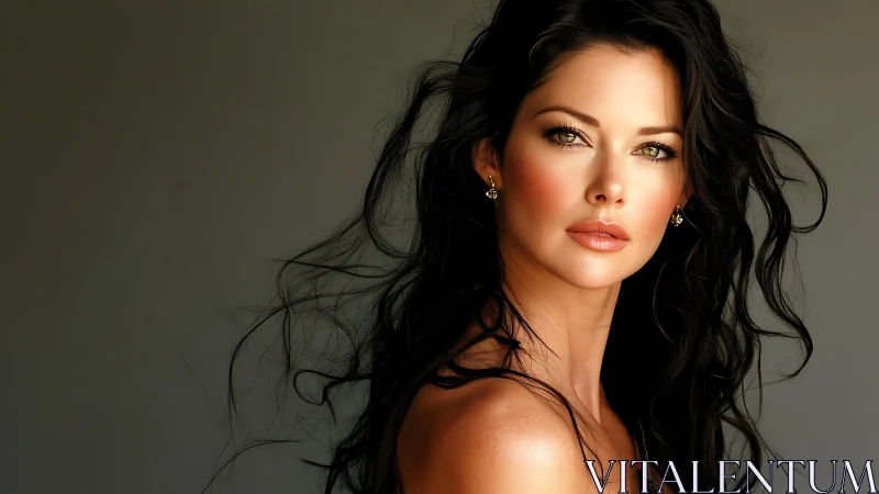 Portrait of woman with flowing dark hair and soft light.