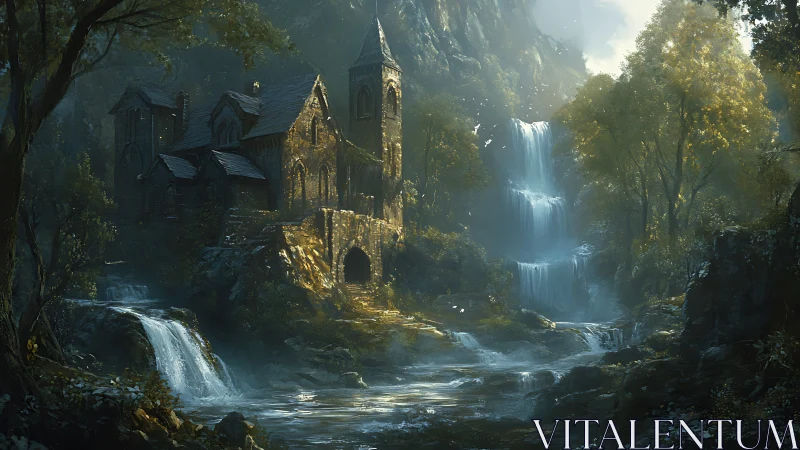 Stone riverside abbey stands beside tiered forest waterfalls