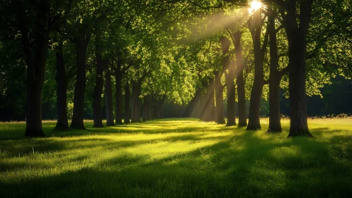 Sunlit Forest Path with Lush Greenery in Tranquil Morning Light.
