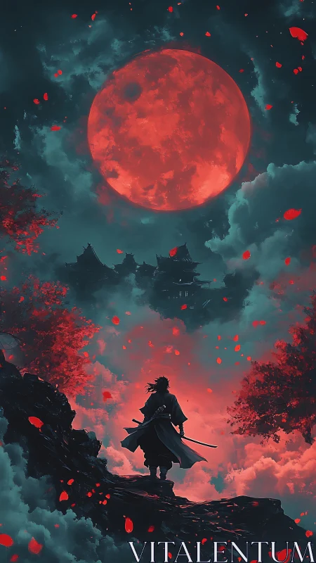 Lone warrior under red moon facing distant mountain fortress.