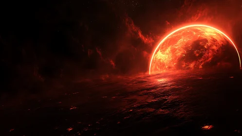 Digital painting of apocalyptic red star over molten horizon.