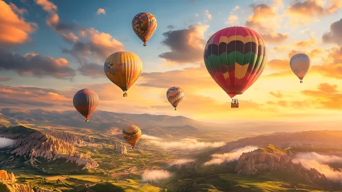 Multicolored hot air balloons over layered valley landscape.