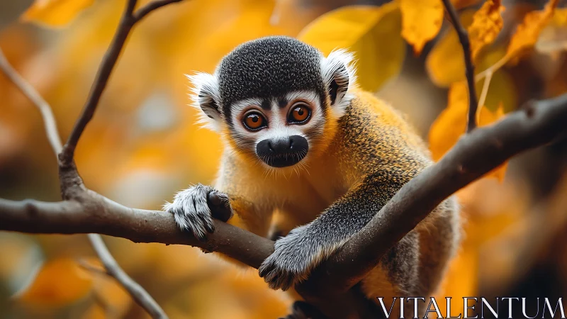 Squirrel monkey perched on branch in shallow depth autumn bokeh