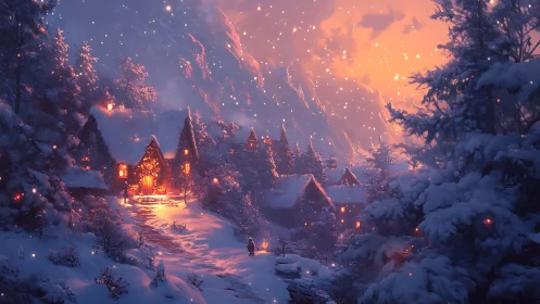 Snow-kissed village glows like embers beneath a winter sky