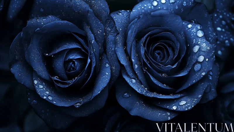 Deep Blue Roses with Dewdrops. Botanical macro photography.