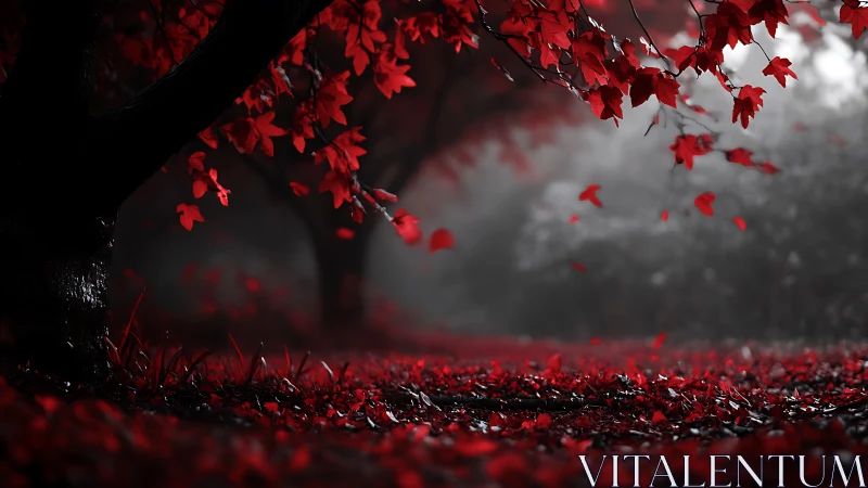 Crimson leaves whisper quietly across a mist-dim forest floor