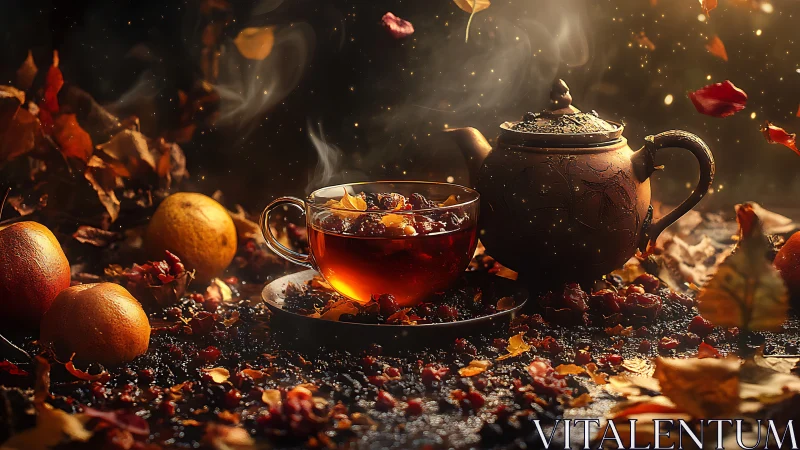 Autumn herbal tea glows beside ornate teapot and oranges.
