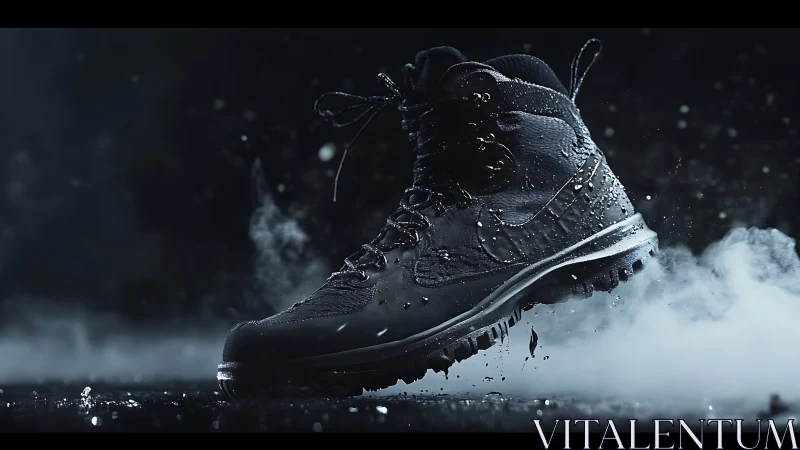 Storm-forged trail boot strides through midnight mist.