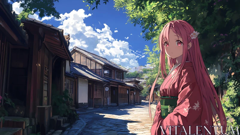 Pink haired girl in kimono on quiet sunny village street.
