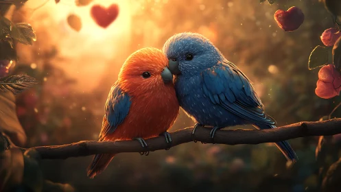 Two Colorful Lovebirds Cuddling on Branch in Warm Sunset Light.