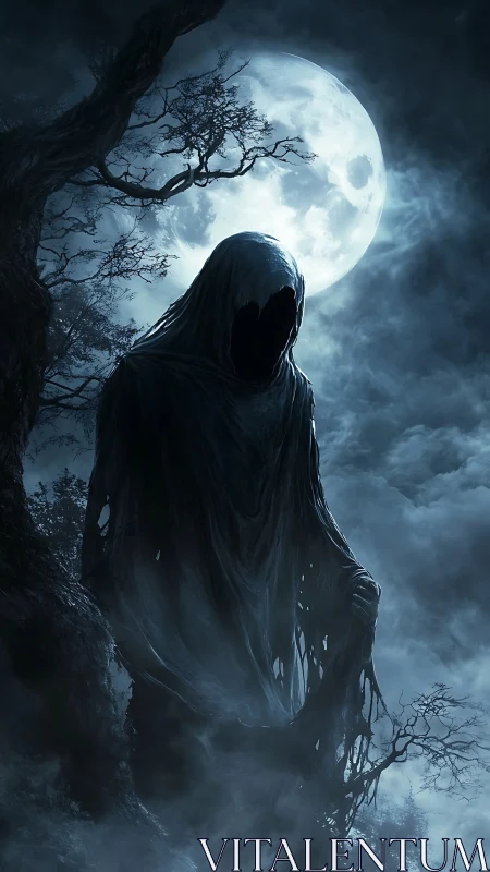 Hooded wraith hovers before full moon in misty night sky