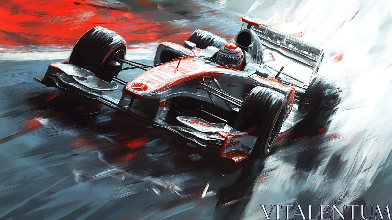 Brushstroke velocity: crimson race car shatters the rain.