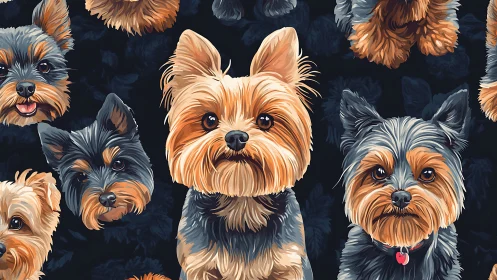 Curious Yorkshire terrier faces in a cozy patterned crowd.