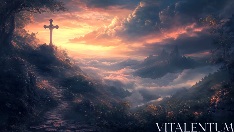 Stone cross on misty mountain path under glowing sunset