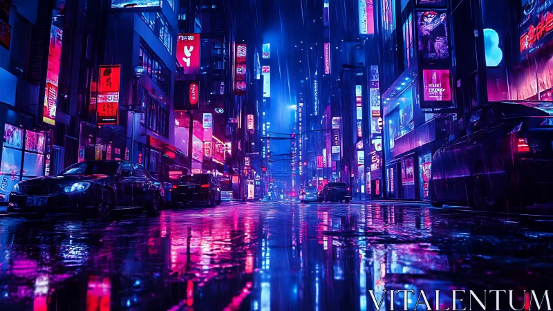 Neon soaked city street glowing in midnight rainlight.