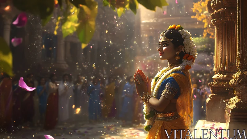 Digital rendering shows woman in prayer pose during ceremony