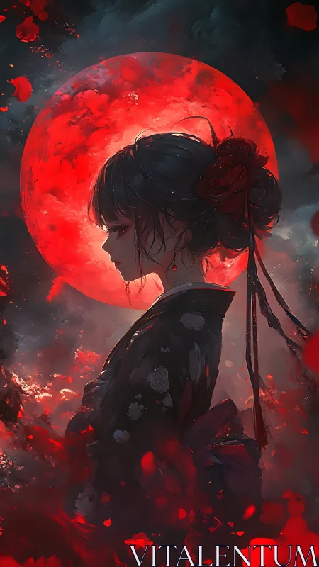 Crimson moonlight crowns a solitary kimono-clad figure.