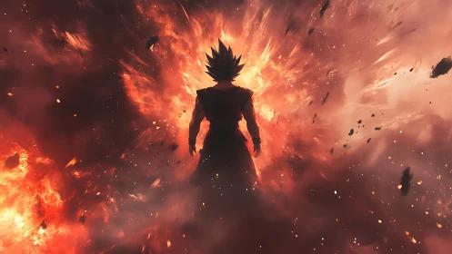 Silhouetted warrior amid explosive energy plume in fiery void