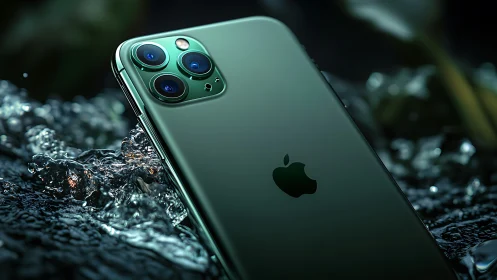 Premium green iPhone Pro submerged in water splash scene