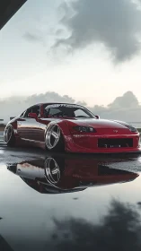 Low-slung red tuner car mirrored on wet asphalt at dusk.