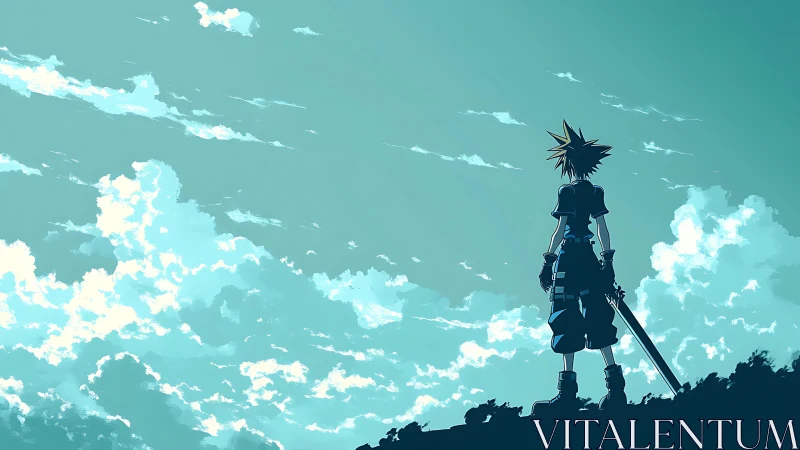Silhouetted anime swordsman stands on hill under wide sky