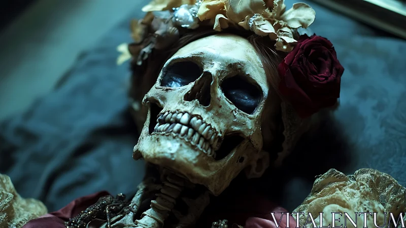 Ornate skeletal portrait with roses under cinematic teal light.