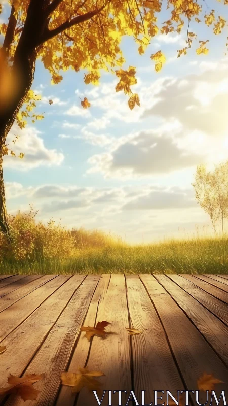 Golden autumn deck under soft evening sunlight glow.