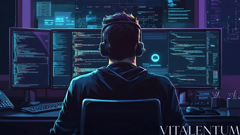 Focused developer codes at multi-monitor setup by night