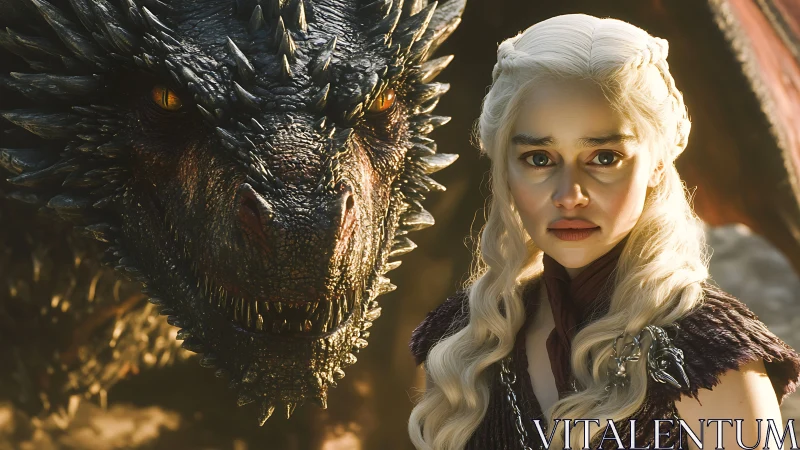 White haired woman standing close beside large dragon head.