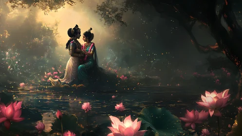 Krishna and Radha in Enchanted Lotus Garden.
