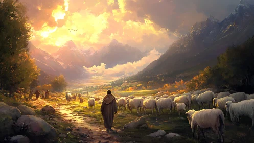 Shepherded flock under volumetric sunset in alpine valley.