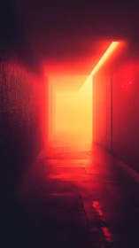 Linear corridor with red illumination and bright end void.