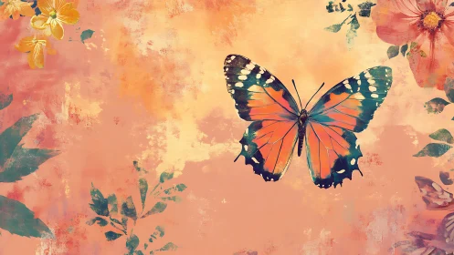 Gentle butterfly glides across a dreamy floral sunset sky