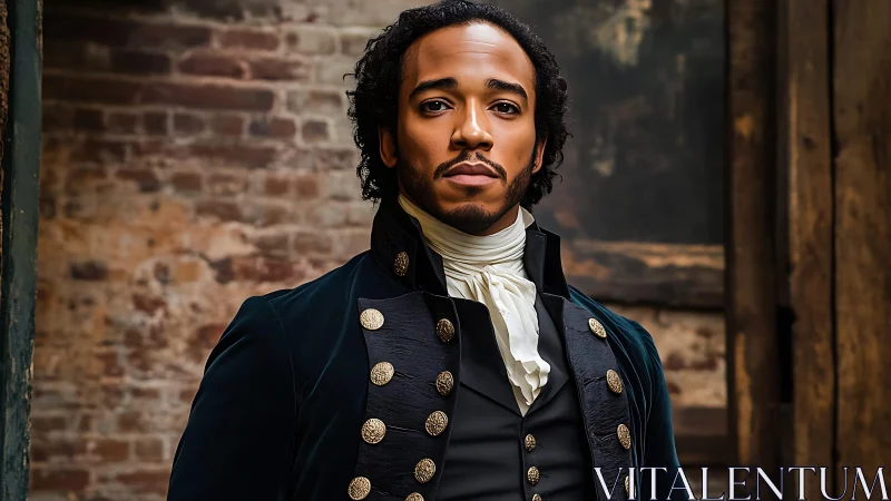 Regal man in historical navy coat stands before weathered wall